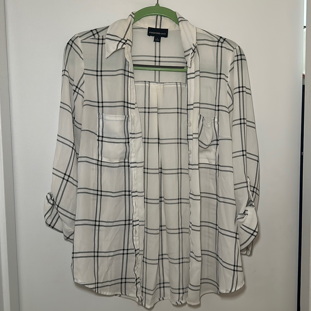 White and black plaid button down work shirt